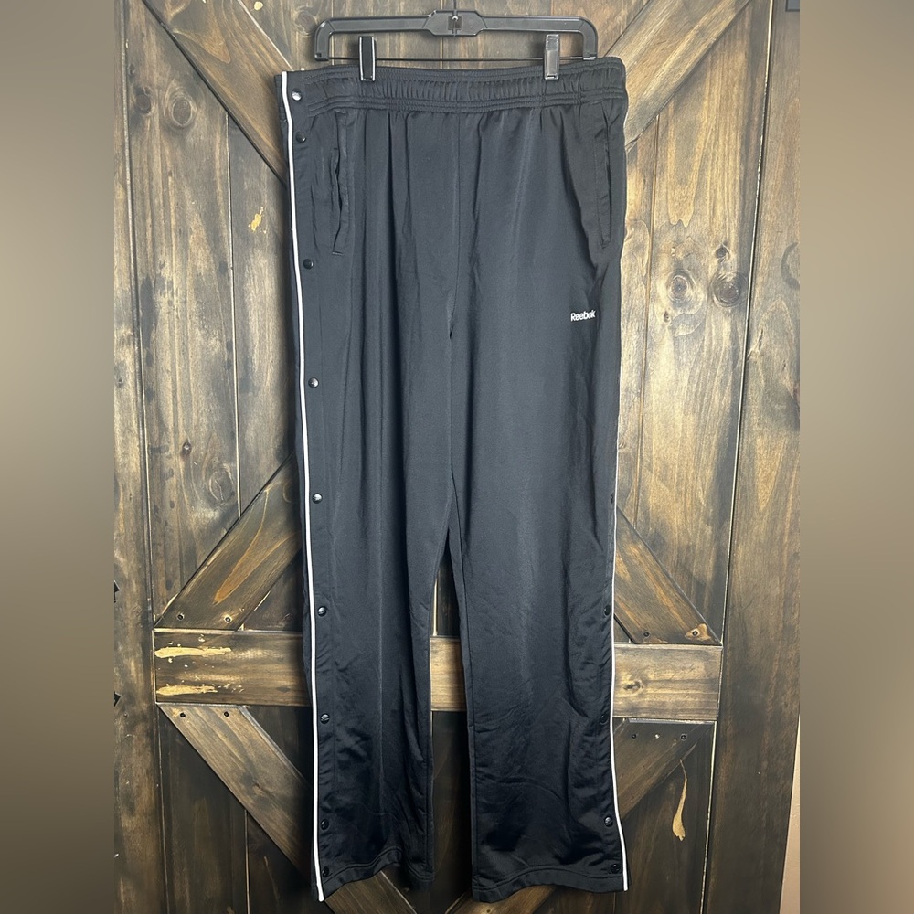 Reebok Men’s Large Black White Stripe Snap Sides Athletic Pants